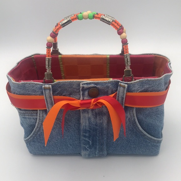 Original Denim Jean BOOTIE BAG Handbag w/Beaded Handles & Ribbons #075397 - Picture 1 of 10